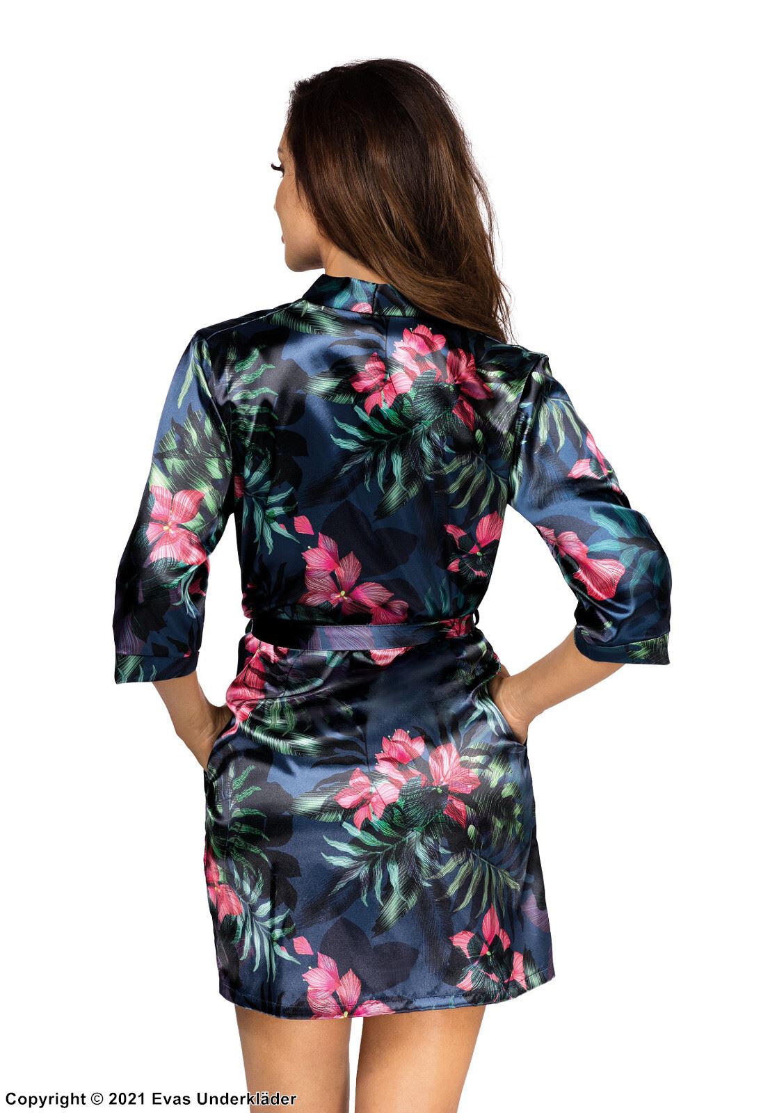Lounge robe, satin, 3/4 length sleeves, tropical pattern